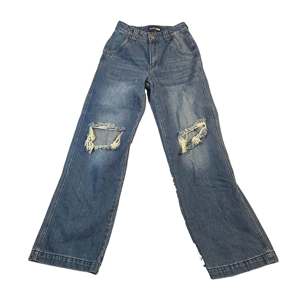 Fashion Nova Blue Jeans Knee Hole High Rise Womens Size 0